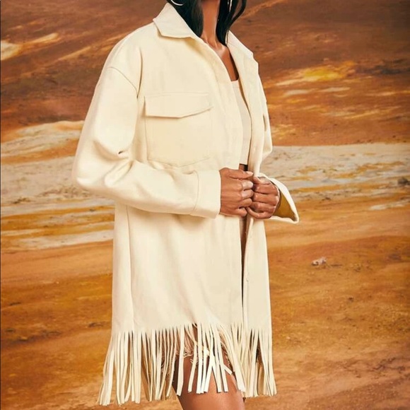 Cream Flap Pocket Drop Shoulder Fringe Hem Overcoat Sz XS New - Picture 5 of 5